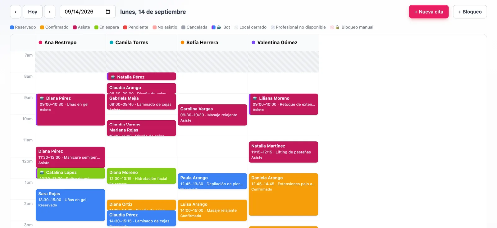 Calendario de Soft-IA Agenda con columnas por especialista y citas por estado
