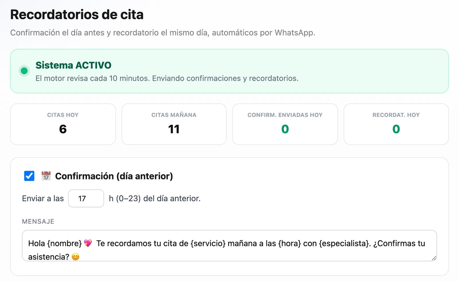 Configuración de recordatorios y confirmación de citas por WhatsApp