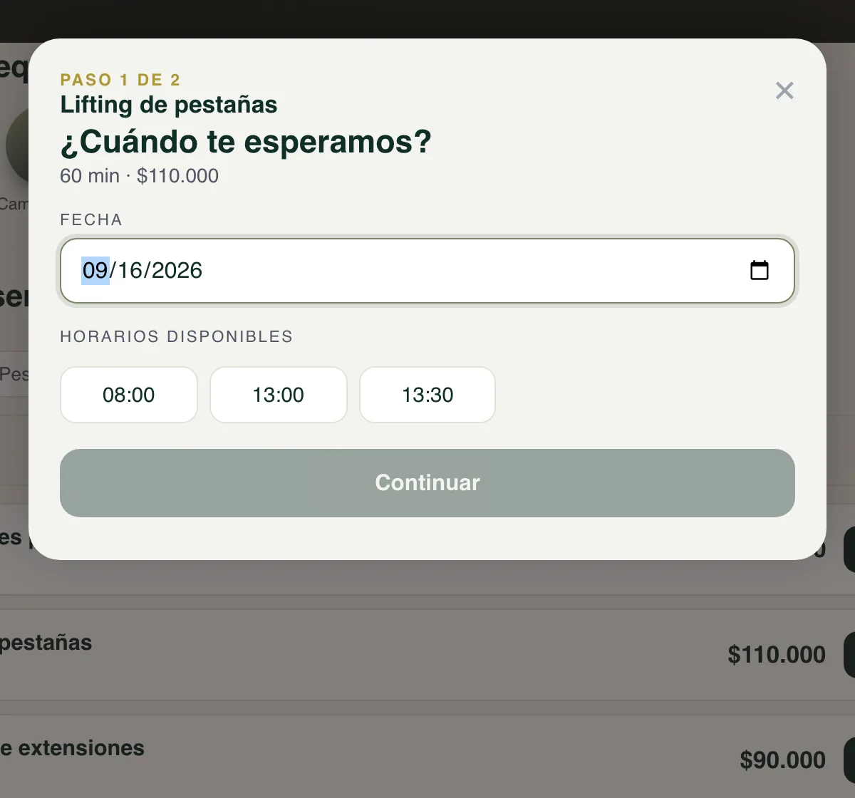 Selección de fecha y horario disponible al reservar