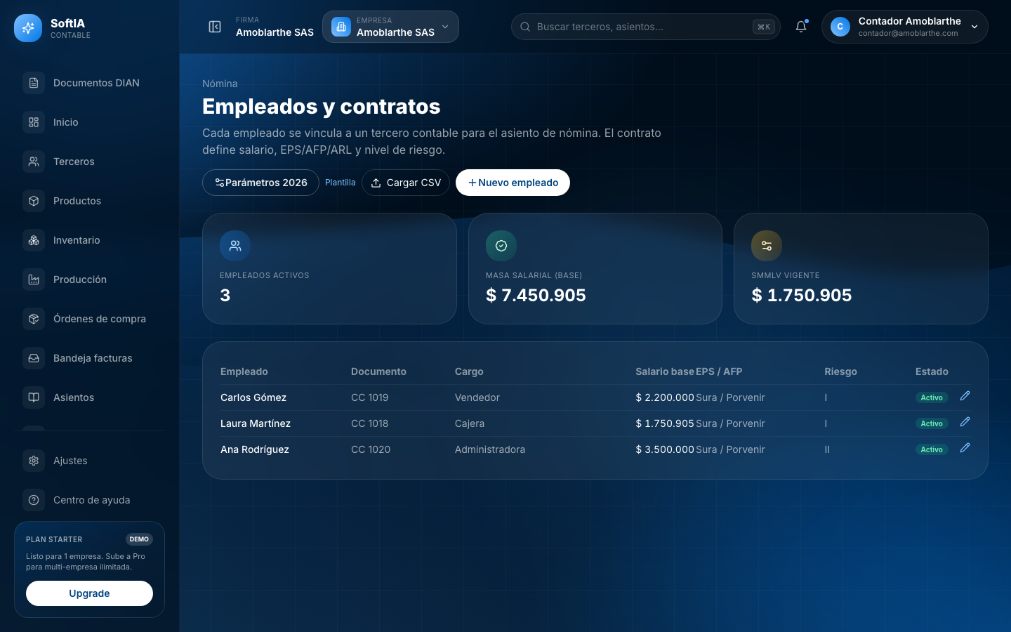 Nómina SoftIA — empleados y liquidación
