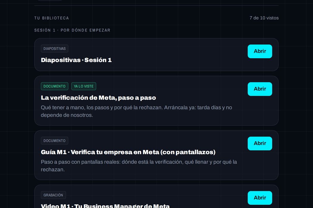 La biblioteca: diapositivas, guías y videos de cada sesión, con su botón de abrir